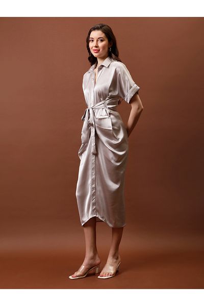 Athena By Styli Satin Shirt Midi Dress with Pleated Detail