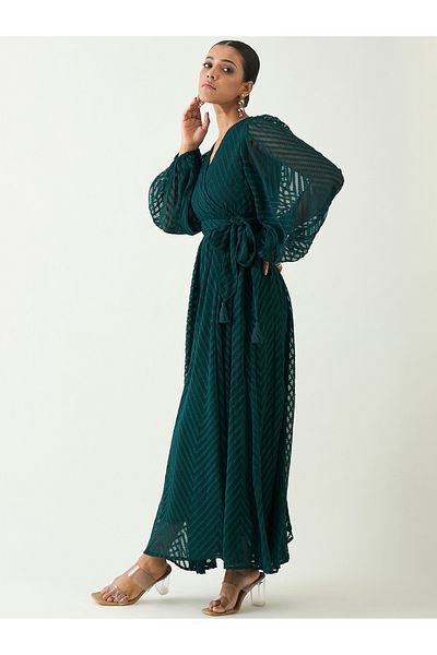 Femmella By Styli Chevron Dobby Wrap Maxi Dress with Waist Tie Detail