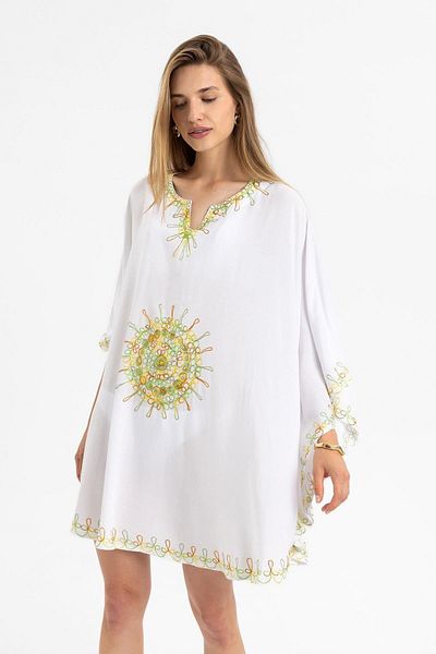 Deriderim Rochie caftan din bumbac, cu mâneci liliac, albă, scurtă de vară