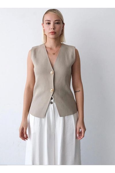 sajarsln Gold Button Detailed Mink Knitwear Vest