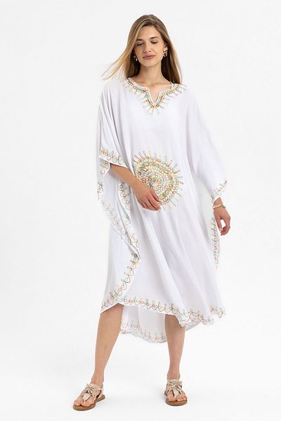 Deriderim Rochie caftan scurtă din bumbac alb brodat cu mâneci liliac