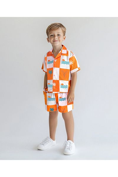 Primo Gino Primo Gino Oversized Beach Themed Shirt and Short Co-ord Set - Orange