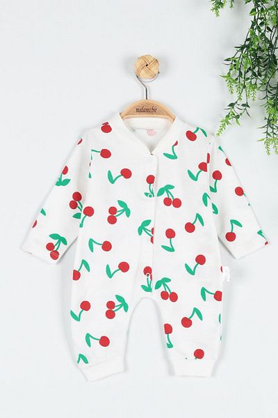 BEREKET BABY 100% Cotton |   Ribbed Fabric |   Baby Cherry Printed Booties Jumpsuit 0-9Ay