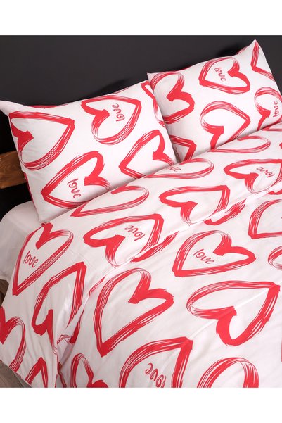 Sares Home Duvet Cover Set Large Red Heart Patterned White Background Single Size (Without Sheet)