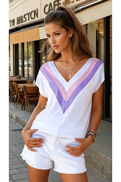Pasaklı Giyim Kadın V Yaka Kısa Kollu Terletmez Tişört / Bluz Beyaz Mor Pudra...
