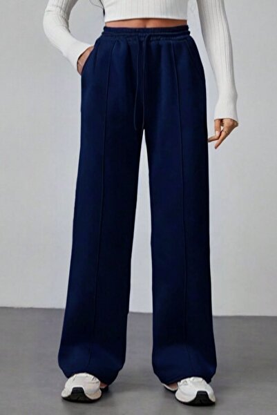 kallima Μπλε ναυτικό ψηλόμεσο φαρδύ φαρδύ πόδι εποχιακό παντελόνι με κορδόνια με δύο κλωστές
