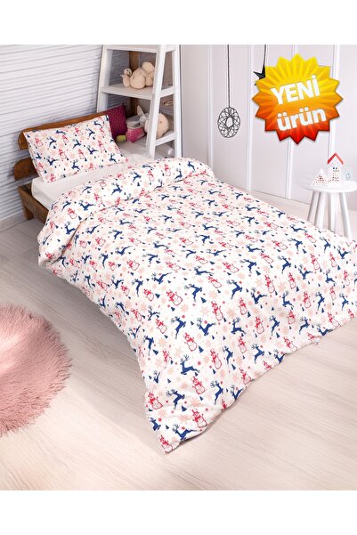 Sares Home Nevresim Takımı Yılbaşı Desenli Beyaz Zemin Tek Kişilik (ÇARŞAFSIZ)