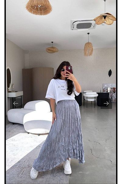 buqre's moda Fusta lungă din țesătură șifonată din satin pentru femei, cu talie elastică