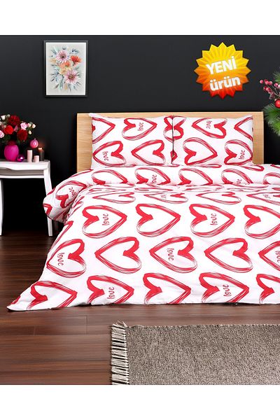 Sares Home Large Red Heart Patterned White Single Duvet Cover Set - Without Crossbeds