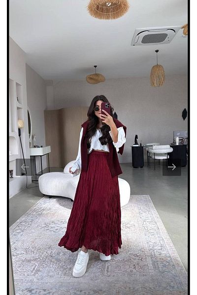 buqre's moda Fusta lungă din țesătură șifonată din satin pentru femei, cu talie elastică