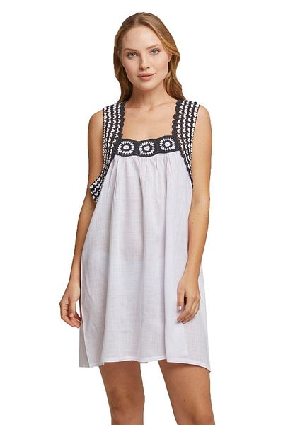 Deriderim Pânză Sile Albă Brodată Neagră - Rochie de plajă, fără mâneci, din bumbac