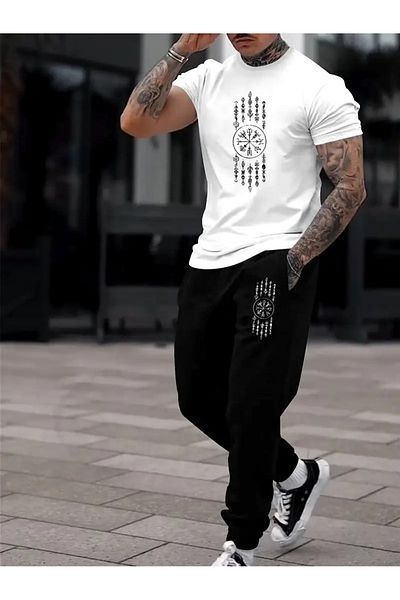 PAVRO Men's Black Lettering Symbol Printed Oversize Tracksuit Set