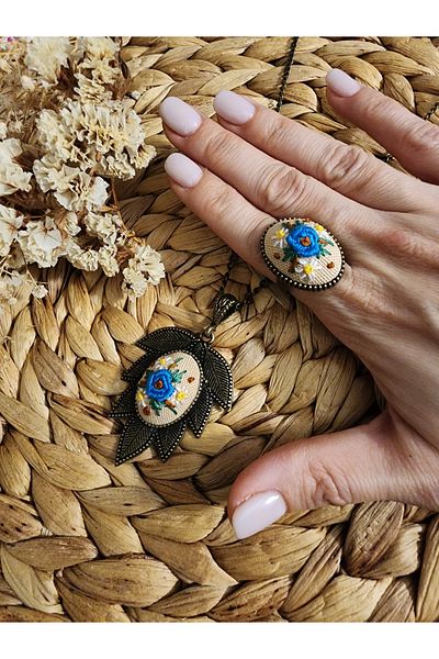 LADYETAMIN Flower Embroidered Women's Etamin Necklace and Ring Set - Special Gift for Lovers Necklace and Ring Set