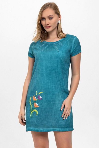 Deriderim Imprimeu Floral Turcoaz - Rochie De Vară De Bumbac Necăptușită cu mânecă scurtă