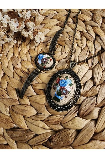 LADYETAMIN Handmade Women's Necklace and Bracelet Set with Original Design- Etamine Embroidered Flower Bouquet Women's Set