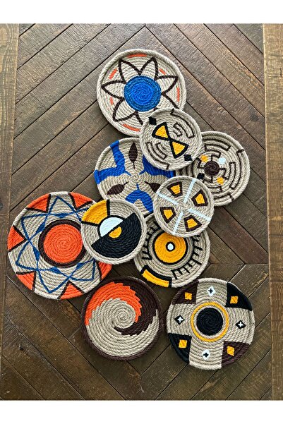 SBN Tasarım Adt00020 Afrika Etnik 10 Parma Hasır Tabak Seti Bohem Afrikan Sepeti Duvar Dekoru