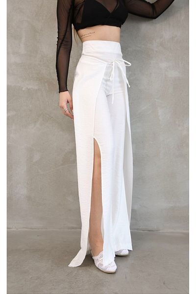 GALAVİP Women's Clothing New Year's White Strawberry Viscose Linen Fabric Front Tie Slit Loose Fit Pants