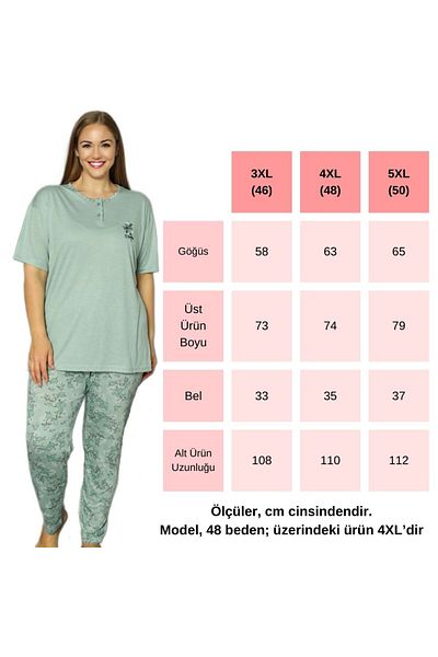 Gülfirik Tasarım Viscose Fabric Floral Patterned Large Size Women's Knitted Summer Pajama Set