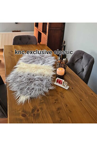 KNC EXCLUSİVE CLASSİC Gray -Cream Tibetan Plush Tablecloth Stylish Decorative Luxury Elegant Modern Decorative Runner.