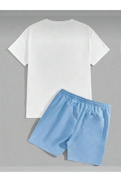 BLYDE LAYY Men's White Baby Blue Oversize Little Bear Printed Crew Neck T-Shirt Shorts Set
