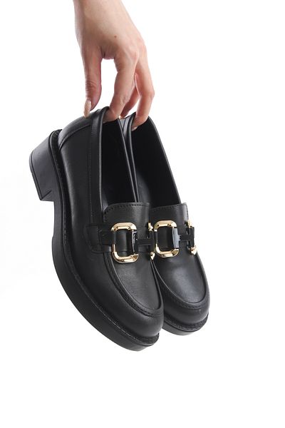 MORIA SHOES Bianca Black Skin Gold Buckle Women's Loafer Shoes