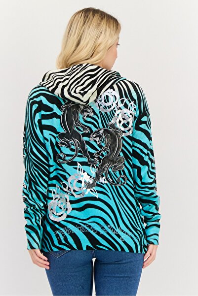 Christian Audigier Women Hooded Zebra Print Cardigan, Turquoise Combo