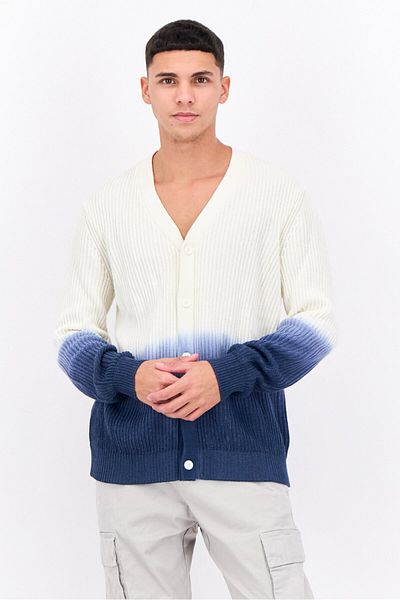 Perry Ellis Men V-neck Two-tone Cardigan, Off White
