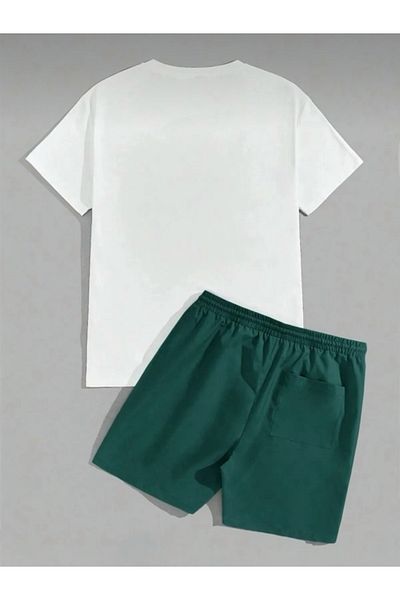 BLYDE LAYY Men's Green White Oversize Little Bear Printed Crew Neck T-Shirt Shorts Set