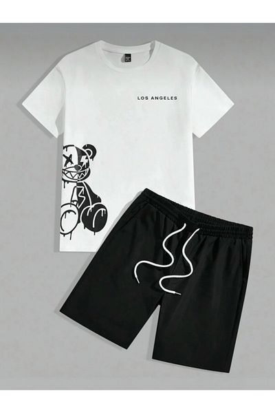 BLYDE LAYY Men's White Black Oversize Little Bear Printed Crew Neck T-Shirt Shorts Set
