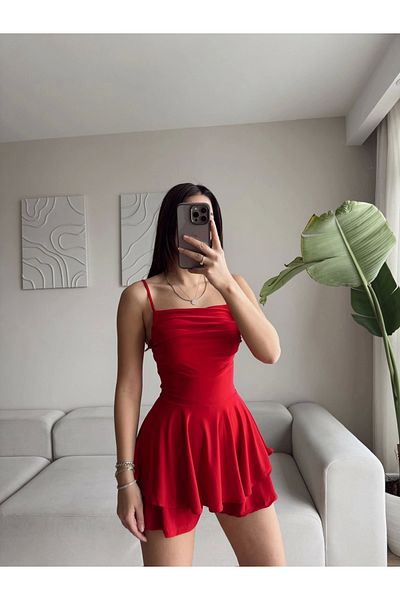 Zoom Butik Red Back Low-cut Strap Dress with Shorts