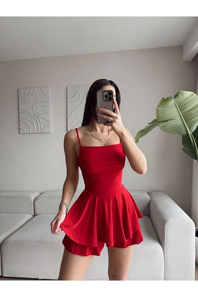 Zoom Butik Red Back Low-cut Strap Dress with Shorts