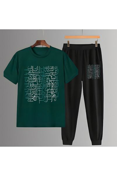 Biy Store Arabic Calligraphy Font Shaped Green Gold Color Printed Regular Fit Unisex T-Shirt Sweatpants Set