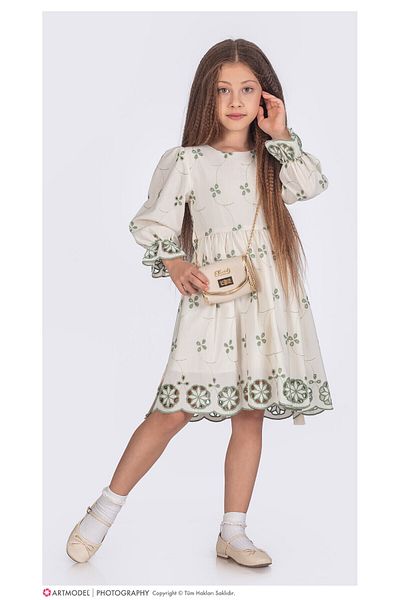 Tivido Long Sleeve Flower Patterned Sleeves Style Bag Girl's Dress