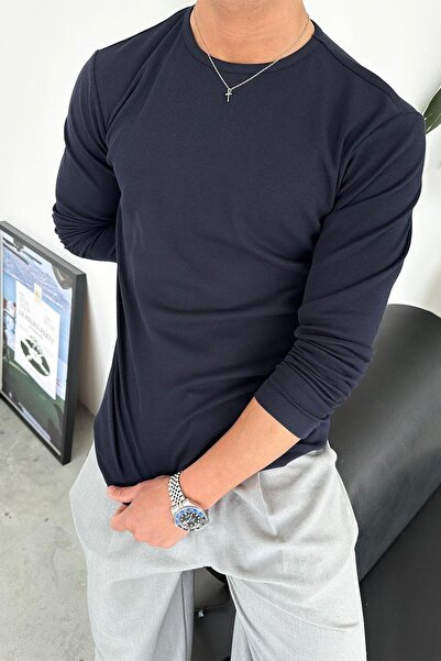 HAFKAGİYİM Μπλουζάκι Navy Blue Basic Corded Relax Fit μακρυμάνικο μπλουζάκι