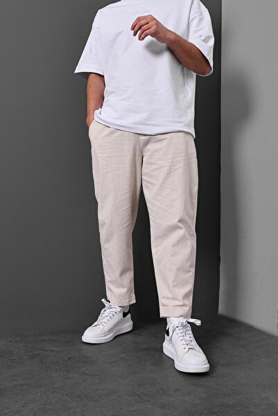 Slatra Men's Beige Textured Boyfriend Linen Trousers