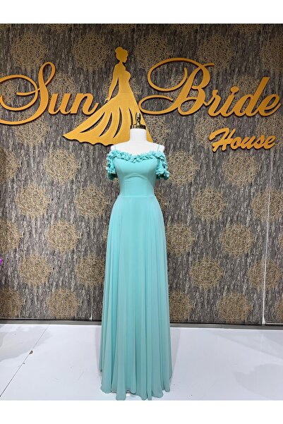 MODA Turkuaz Renkli Kayık Yaka Çiçek Detaylı Abiye Elbise