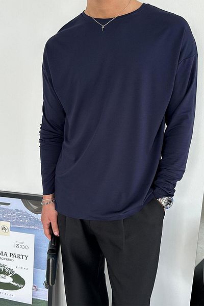 HAFKAGİYİM Μακρυμάνικο μπλουζάκι Navy Blue Basic Soft Lycra Relax Fit