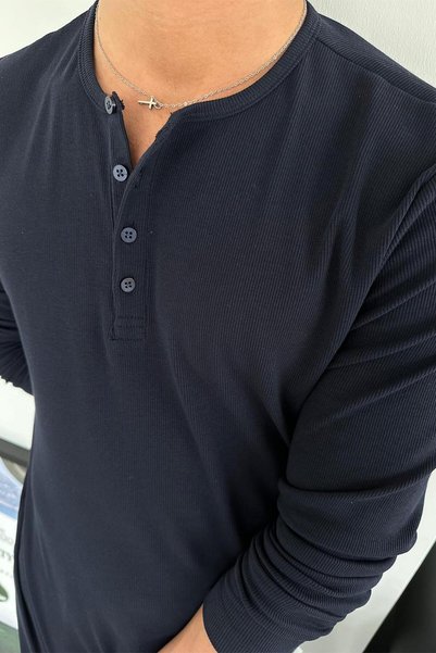 HAFKA Lacivert Basic Fitilli Düğmeli Yaka Relax Fit Uzun Kollu Tişört