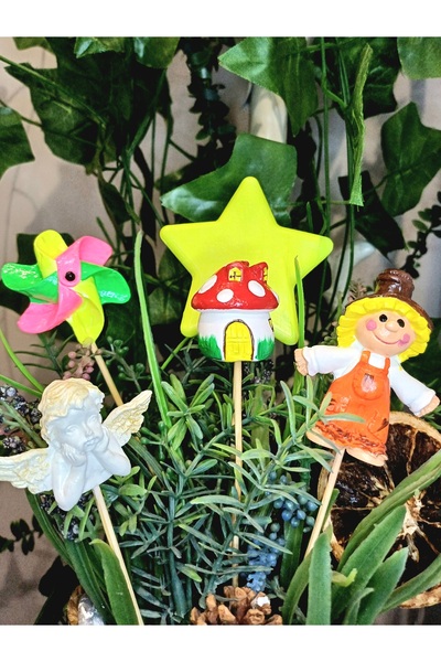 Dekoratif atölye 5li Saksı Süsü - Kokuluk Rüzgargülü Mantarev Melek Yıldız - ...