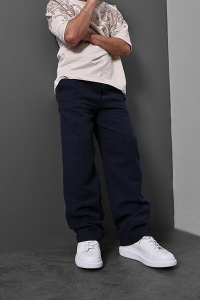 Slatra Men's Navy Blue Muslin Fabric Baggy Linen Trousers