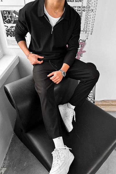 HAFKAGİYİM Tricou negru cu mânecă lungă, cu fermoar, cu guler polo relaxat