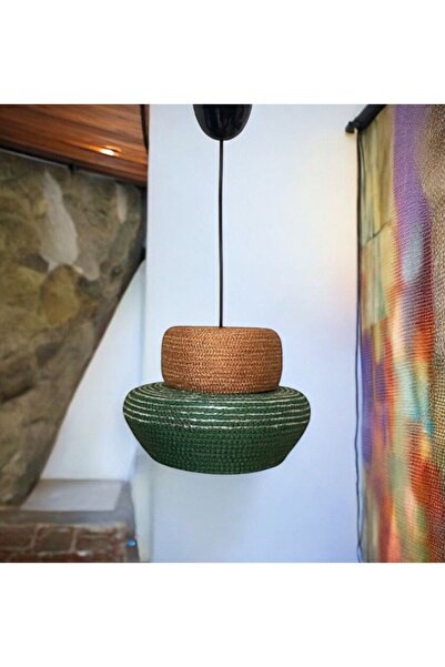 AYŞE SERHOŞOĞLU HOME DESİGN Dekoratif Hasır Avize, Modern Avize, Tasarım Avize, Rustik Avize, Yeşil Kiremit Gri Sarkıt Avize