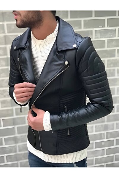 Oliggopol Чоловіче чорне шкіряне пальто-куртка приталеного крою з чорним північним коміром та внутрішньою кишенею