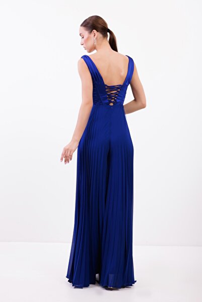 aşkın göksu Sax Sırt Bağcıklı V Yaka Pliseli Tulum Kadın Abiye