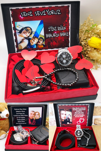 expreshediye İsim Yazılı Erkek Kemer Cüzdan Saat Seti, Erkek Sevgiliye Eşe Resimli Hediye