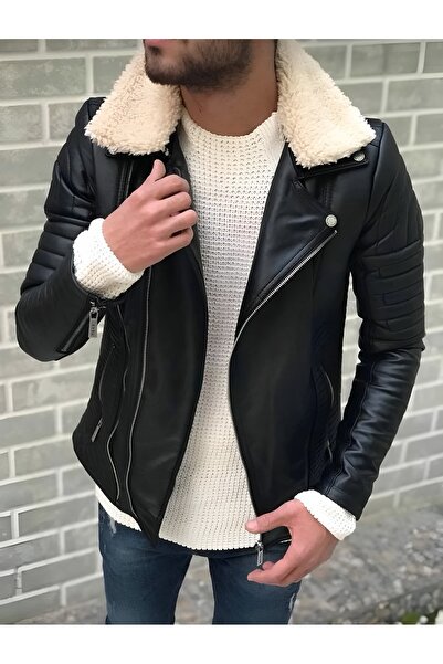 Oliggopol Чоловіче чорне шкіряне пальто-куртка приталеного крою з чорним північним коміром та внутрішньою кишенею