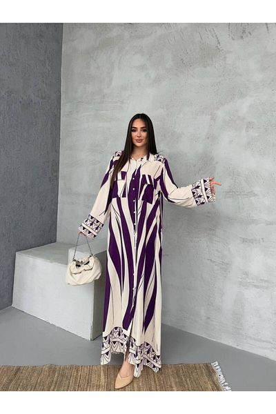 PREMİER VİE New Season Purple and Ecru Color Shirt Dress with Hijab Pattern