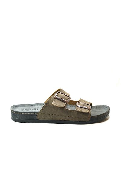 Onlo Ayakkabı Onlo Shoes Aryn.553 Black & Mink Anatomical Double Buckle Casual Men's Slippers