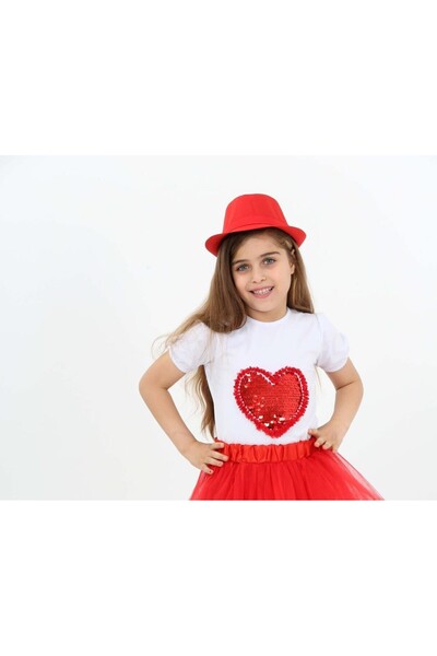 Dıgıl Kids Kırmızı Pullu Kalpli Kız Çocuk T-shirt 23 Nisan 29 Ekim 10 Kasım 1...