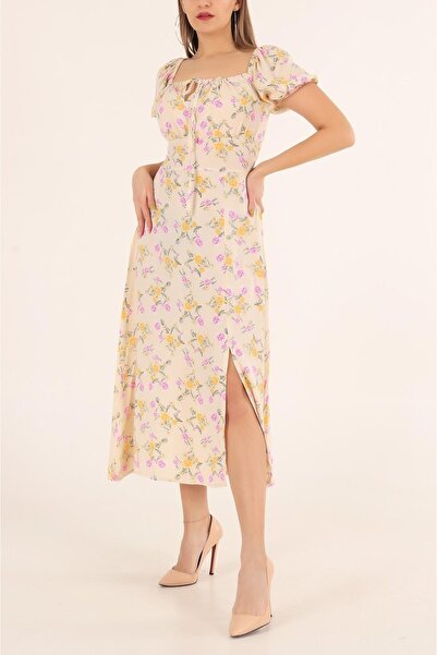 Laviera Women's Beige Floral Short Sleeve Midi Dress with Lace up Front and G...